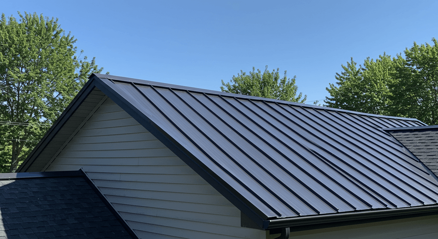 Close-up of a standing seam metal roof in King of Prussia, PA, with reflective panels under bright sunlight and a clear blue sky.