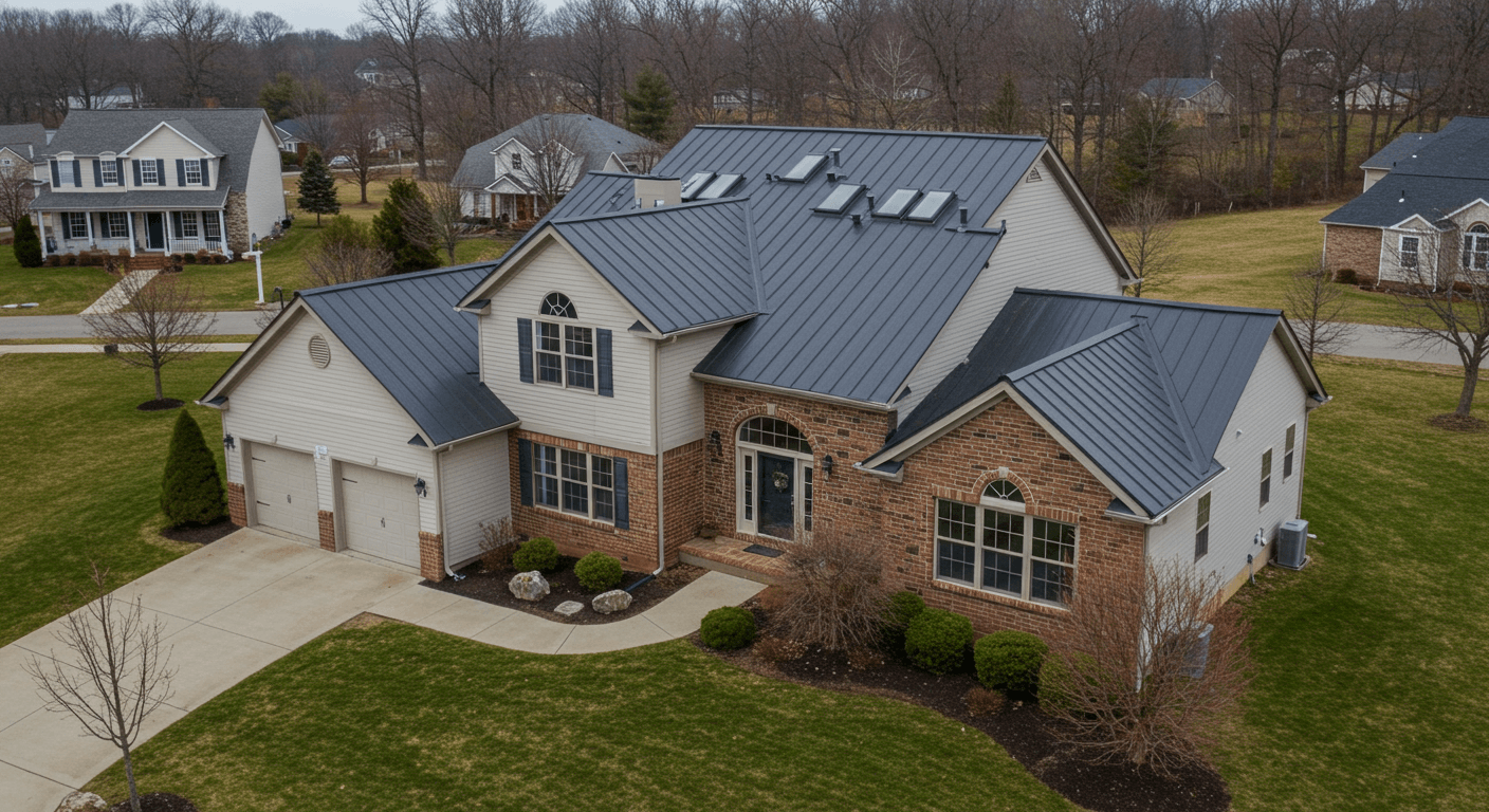 Residential home in King of Prussia, PA with a charcoal gray metal roof, traditional two-story exterior, and well-maintained lawns, reflecting durability and energy efficiency.