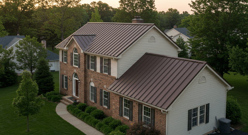 Residential home in King of Prussia, PA with a dark bronze metal roof, brick and siding exterior, and well-maintained landscaping, showcasing durability and energy efficiency.