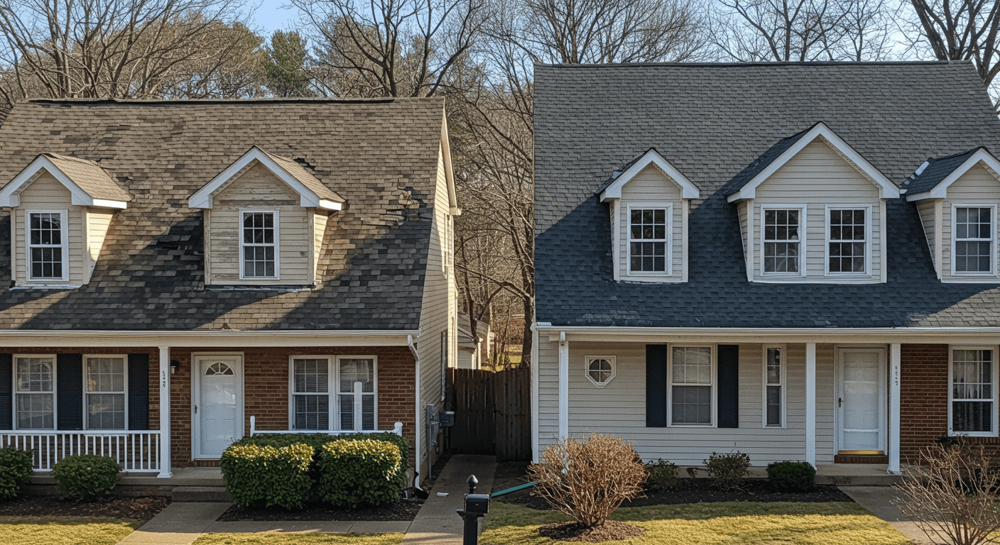 A comparison of two homes in King of Prussia, one with a worn, damaged roof and the other with a newly installed, shiny roof.