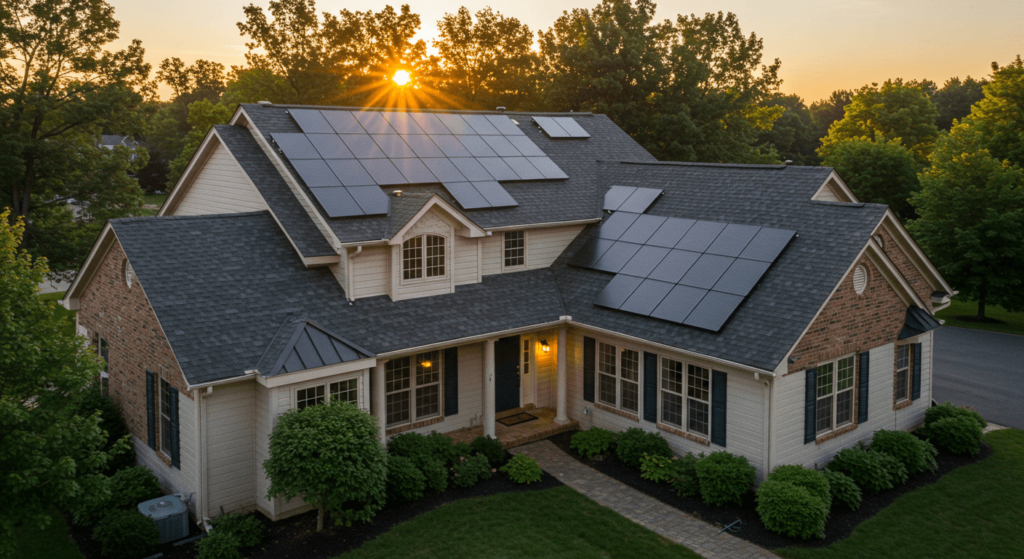 A King of Prussia home with a newly installed, sleek roof under the golden hour sunlight, surrounded by greenery