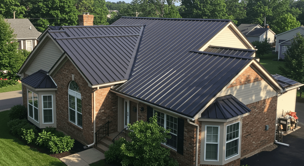 A newly installed standing seam metal roof on a King of Prussia home, shining under clear skies in a suburban neighborhood.
