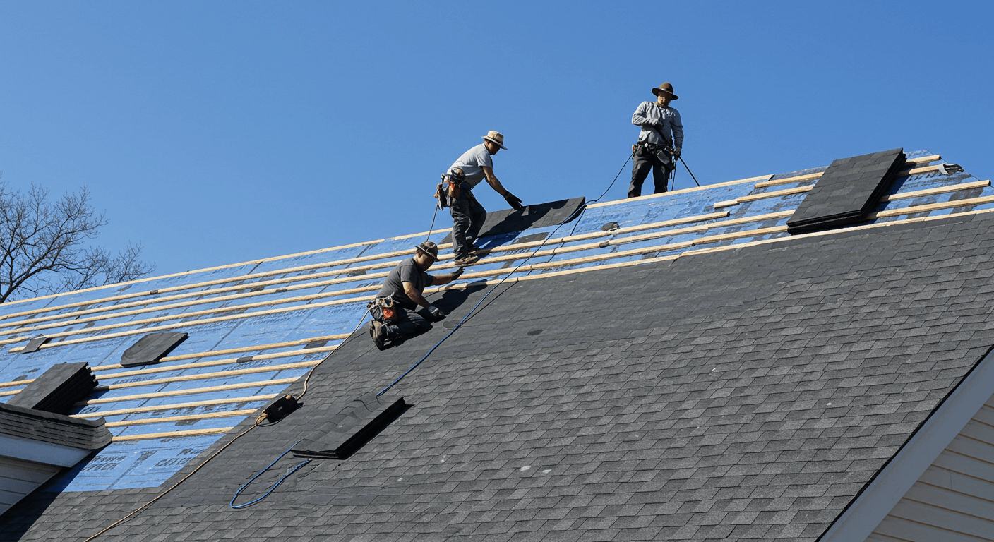 A roofing team installing a new roof on a King of Prussia home, showcasing precision and teamwork.