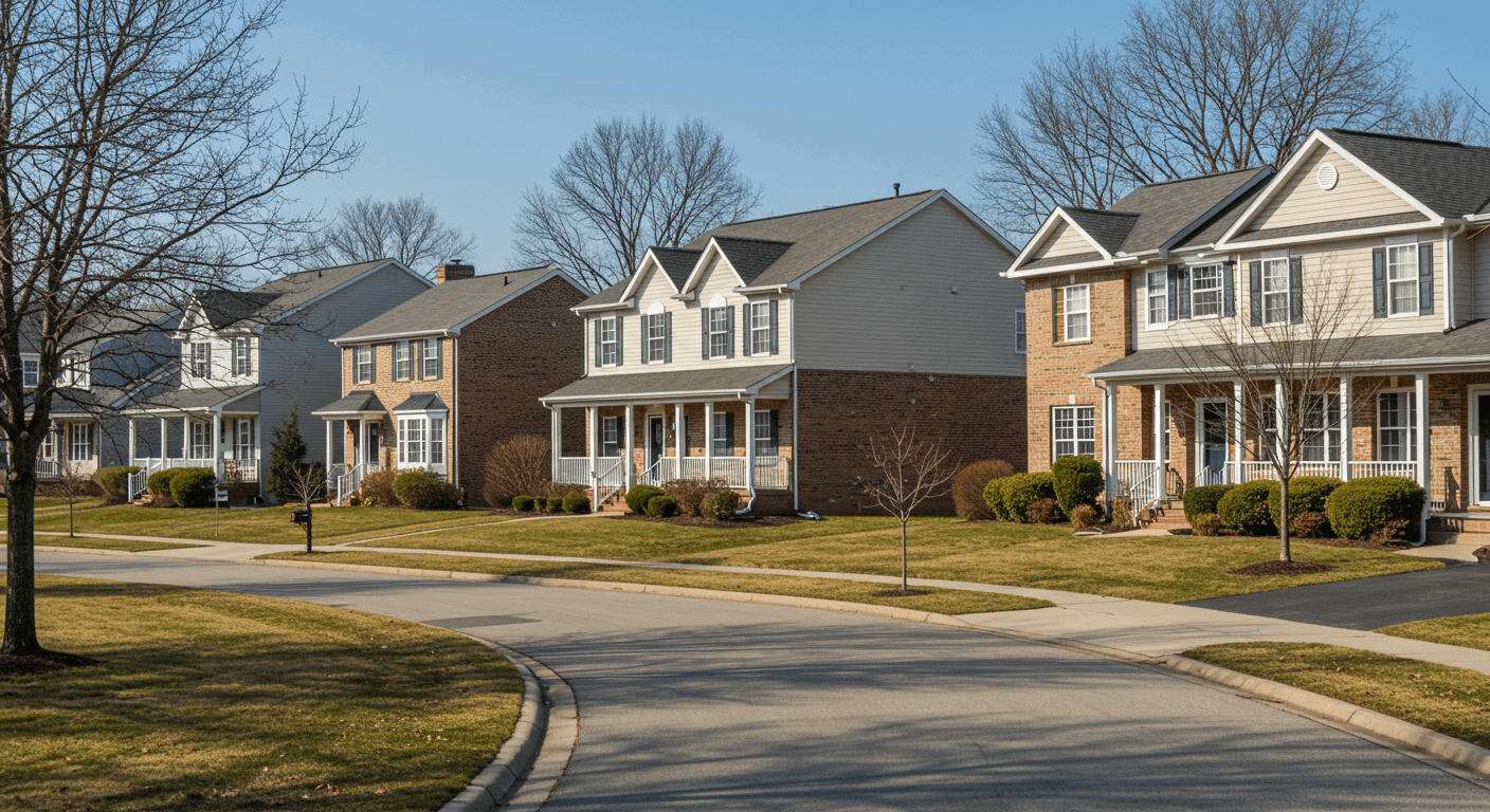 A well-maintained King of Prussia neighborhood street with homes featuring newly installed, shiny roofs and manicured lawns.